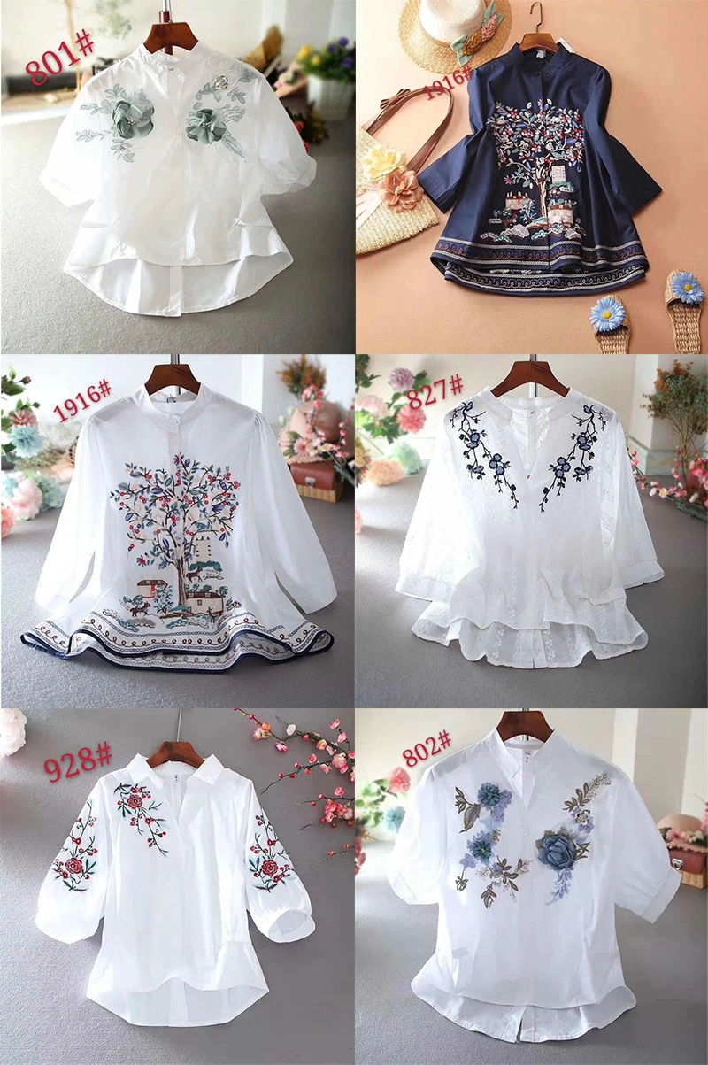 Casual with Flower Patten Cotton 3/4 Sleeve Fashion Shirt of Women Clothing