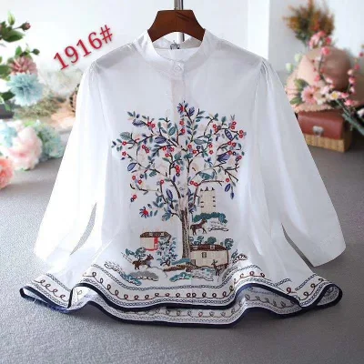 Casual with Flower Patten Cotton 3/4 Sleeve Fashion Shirt of Women Clothing