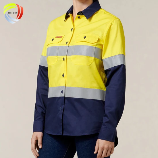 Woman Two Tone Reflective Safety Clothing Long Sleeve Hi Vis Taped Cotton Construction Reflector Work Shirts